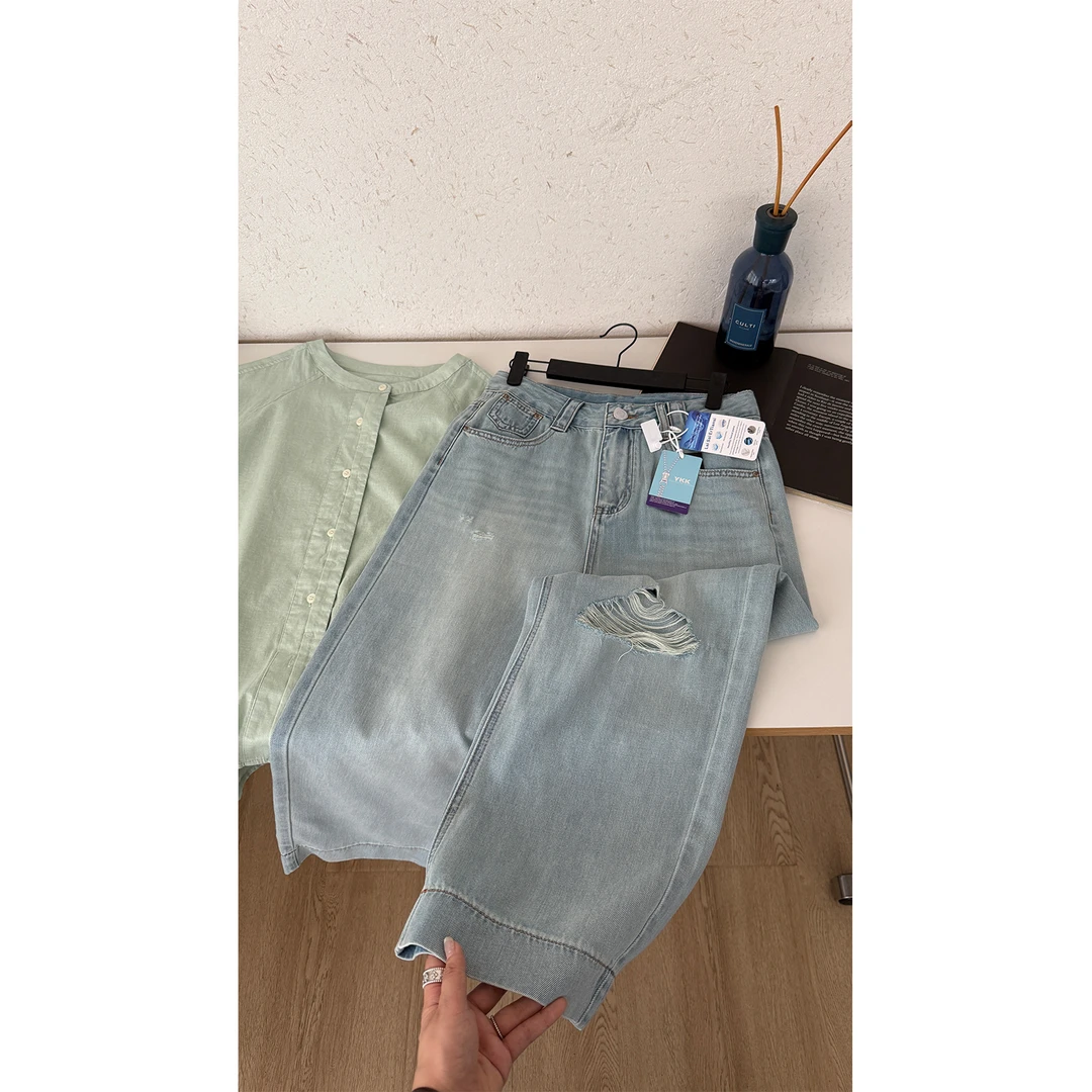 苏安家｜年中大促 61201 凉感莱塞尔夏季薄款破洞九分牛仔裤无弹