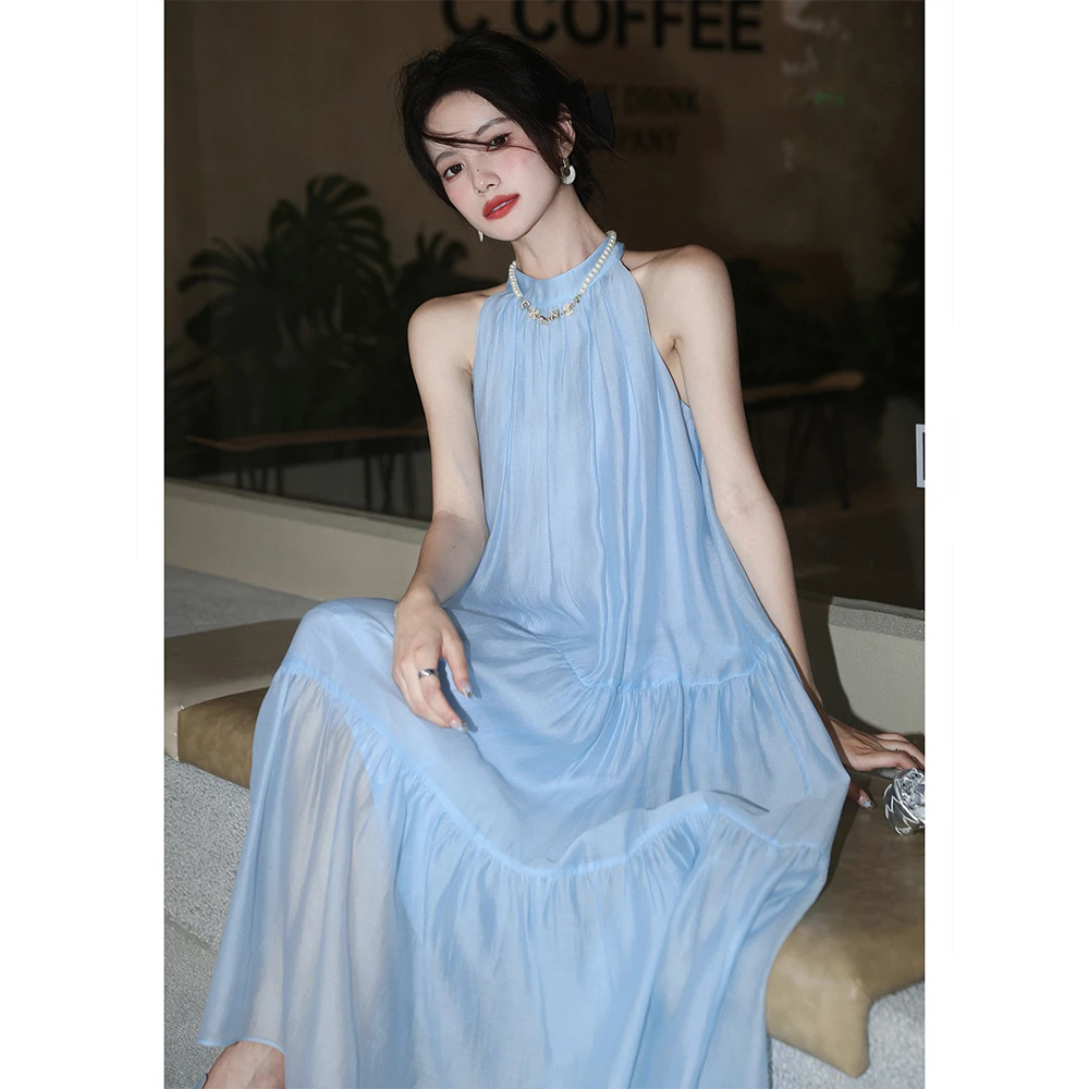 梅子熟了【蓝花楹】莱赛尔挂脖露肩显瘦无袖连衣裙挂脖宽松裙子女