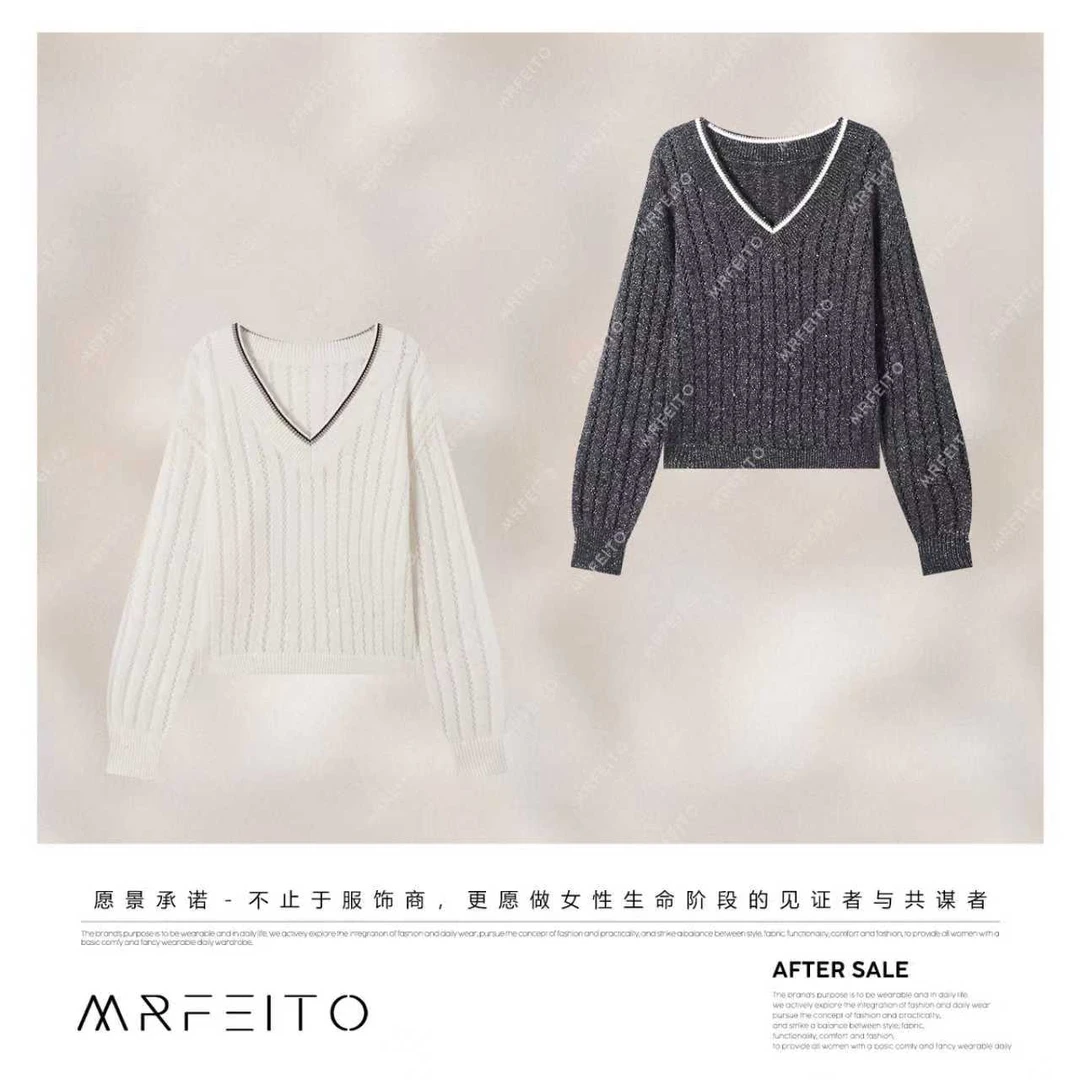 MRFEITO菲爷驾到【薄雾纱影】镂空V领显瘦减龄毛衣H263M02Q33210