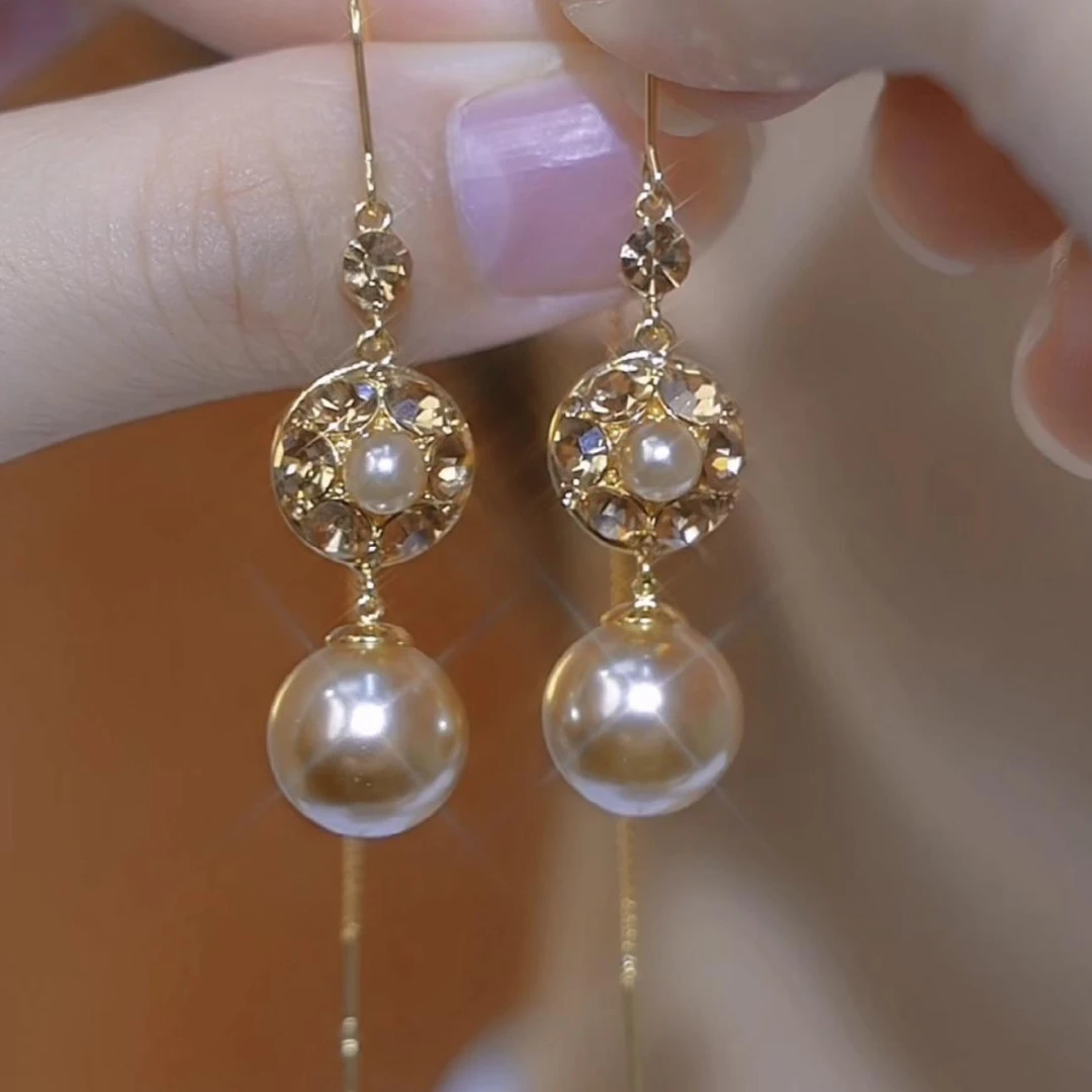 925银耳饰 防过敏香槟色镶精致仿珍珠耳线长款小众轻奢复古高级感