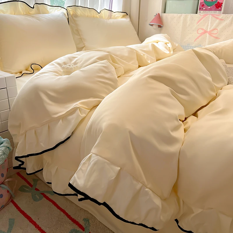 夏季凉感冰丝四件套韩版公主风纯色简约超柔软床单床笠网红款床品