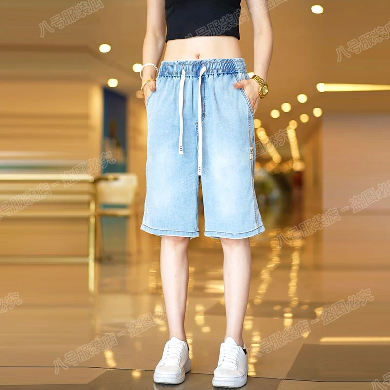 莱赛尔天丝牛仔短裤男夏季薄款美式潮牌宽松直筒垂感休闲阔腿中裤