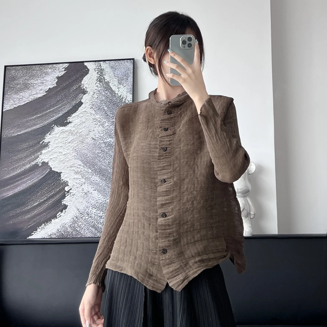 三宅气质百搭单排扣长袖褶皱柳条纯色原宿时尚衬衫上衣外套新款