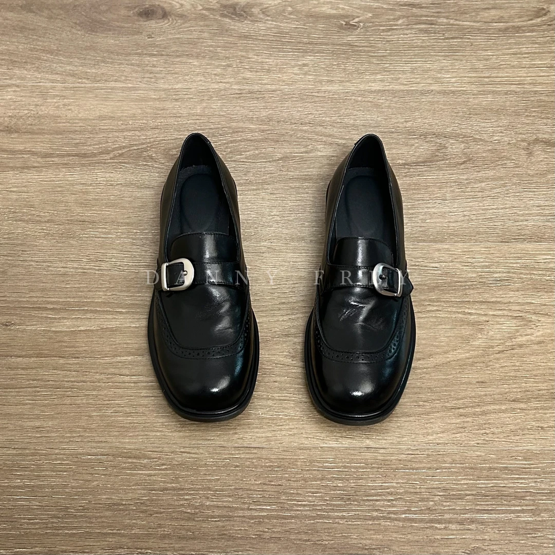 Dannyfrey英伦风皮带扣乐福鞋女通勤手工百搭复古圆头小皮鞋2.8CM