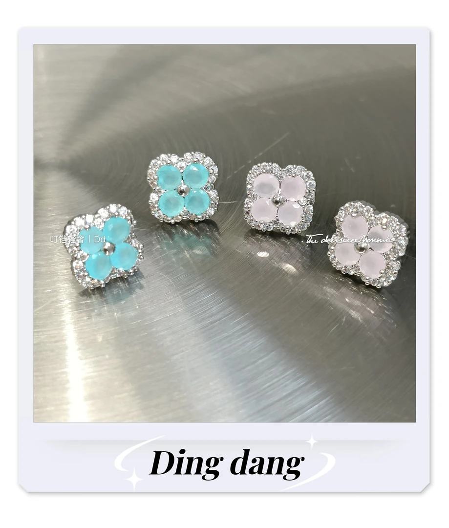 薄荷曼波绿蛋白四叶草耳钉精致微镶锆石四叶草平底螺纹睡觉免摘