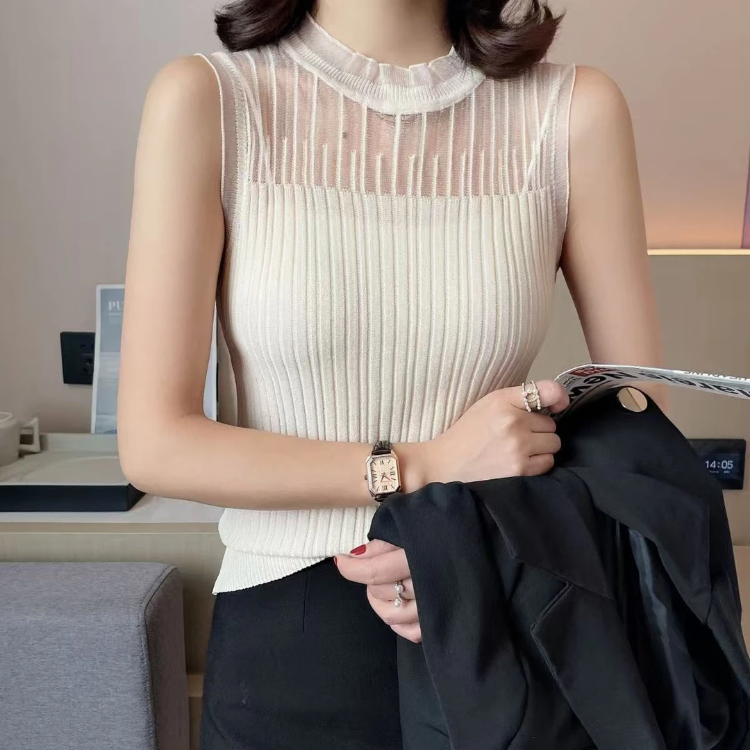 法式花苞领镂空网纱打底衫女半高领百搭显瘦显气质通勤内搭背心