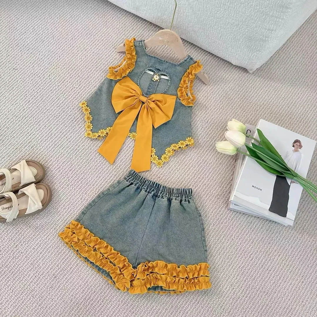 女童洋气蝴蝶结套装夏季2025新款儿童夏装女孩牛仔上衣短裤两件套