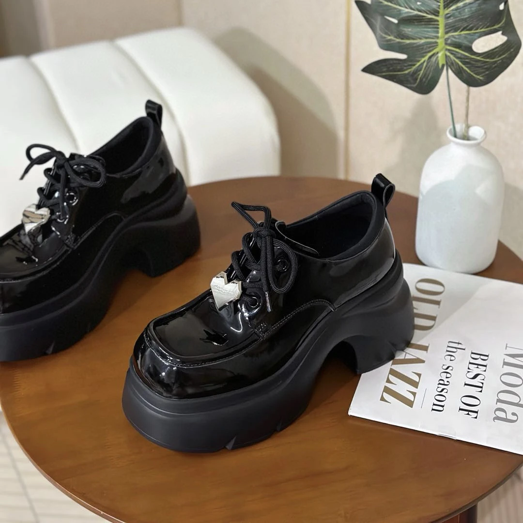 欧货2025新款松糕厚底鞋女真皮超高小皮鞋女漆皮增高乐福鞋女9cm