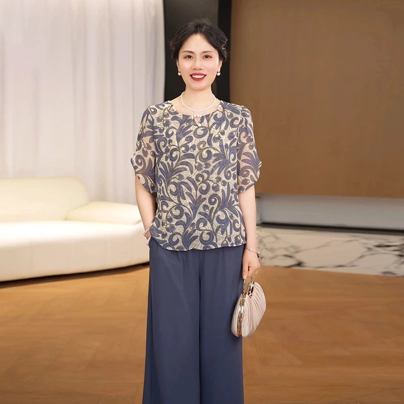 妈妈装气质小衫套装夏季2025新款时尚印花短袖宽松显瘦高级两件套