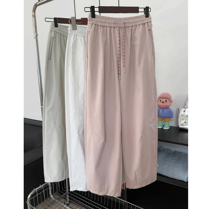 夏季粉色出行百搭休闲裤九分裤女新款松紧高腰阔腿裤宽松灯泡裤
