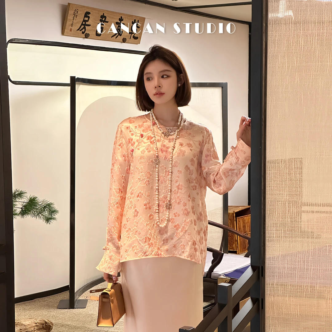 『桃花诺』can·can灿灿新国风长袖圆领冠乐绉上衣春季上新G823110