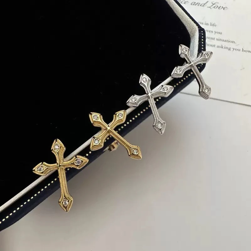 925银合成锆石耳饰 韩国设计师款十字架耳钉小众高级感ins风3031