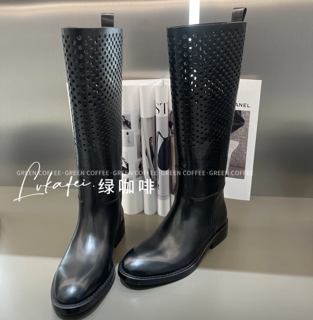 Green coffee绿咖啡/2698-01胎牛皮英伦骑士风洞洞高筒靴超帅风格