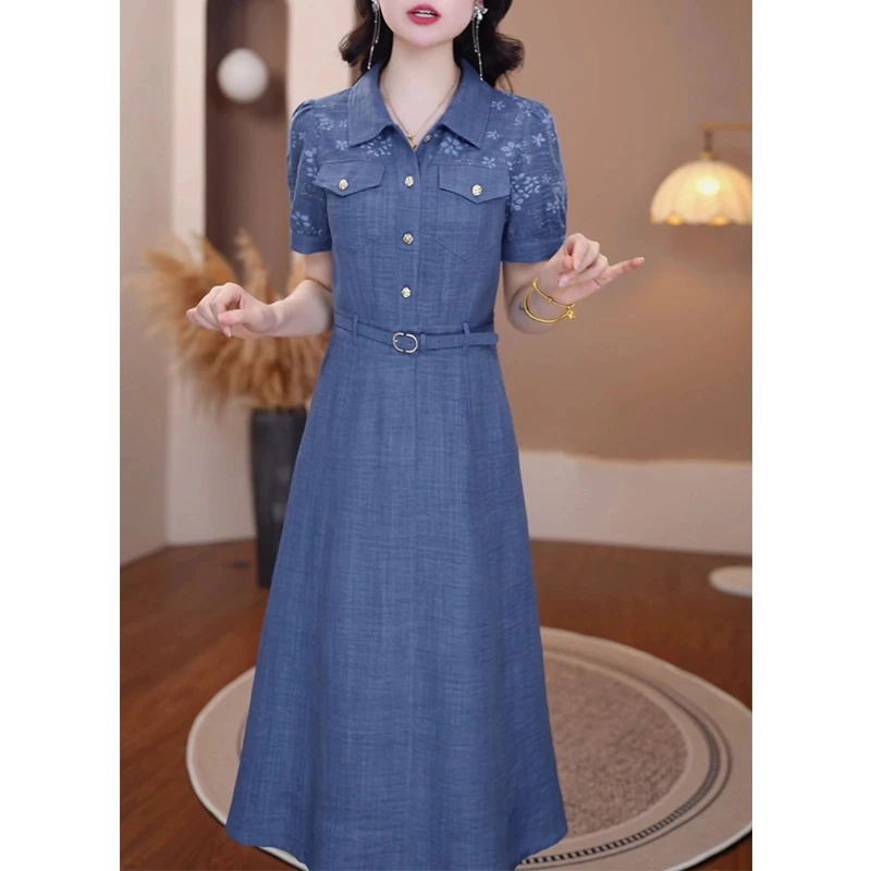 POLO领牛仔短袖连衣裙女2025年夏季新款妈妈收腰显瘦裙子M-4XL