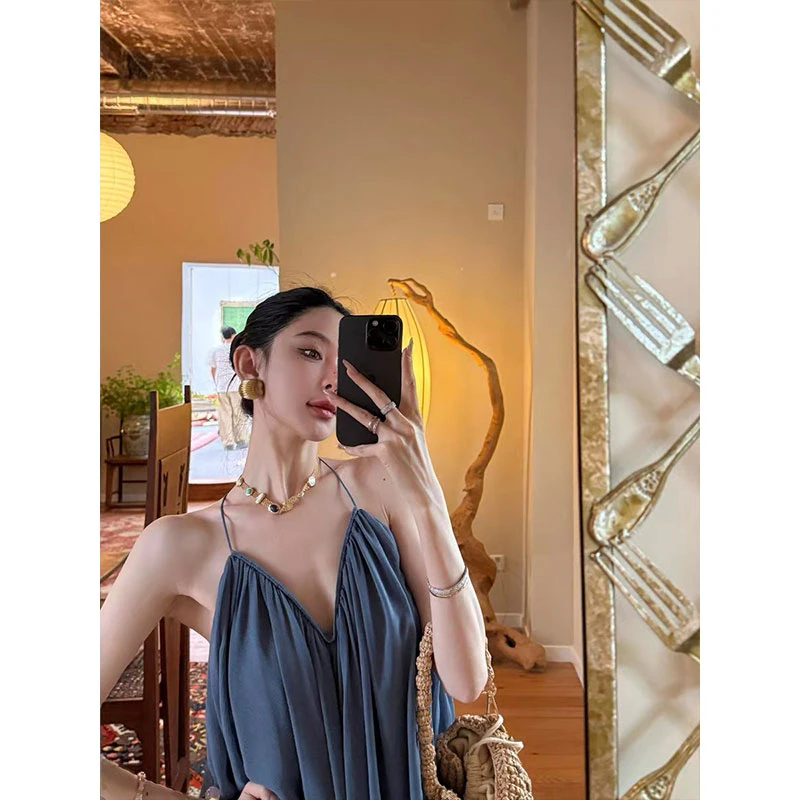 夏季韩系V领挂脖吊带背心高级感宽松慵懒风纯欲无袖上衣配休闲裤