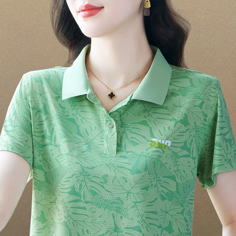 808草绿色短袖t恤女春夏新款翻领Polo衫洋气妈妈休闲时尚运动上衣