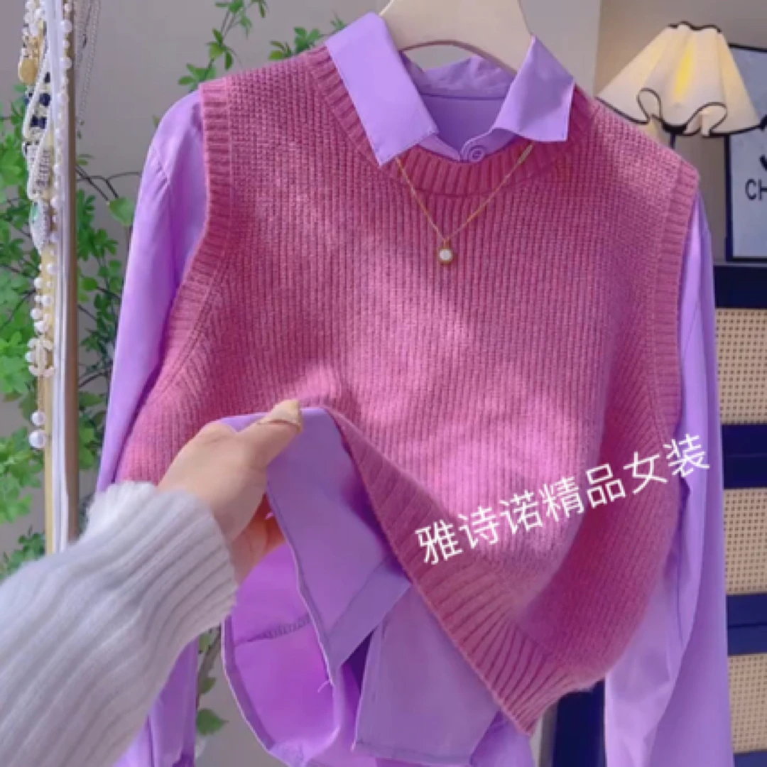 针织马甲背心春秋2025新款洋气宽松显瘦百搭翻领长袖衬衫两件套