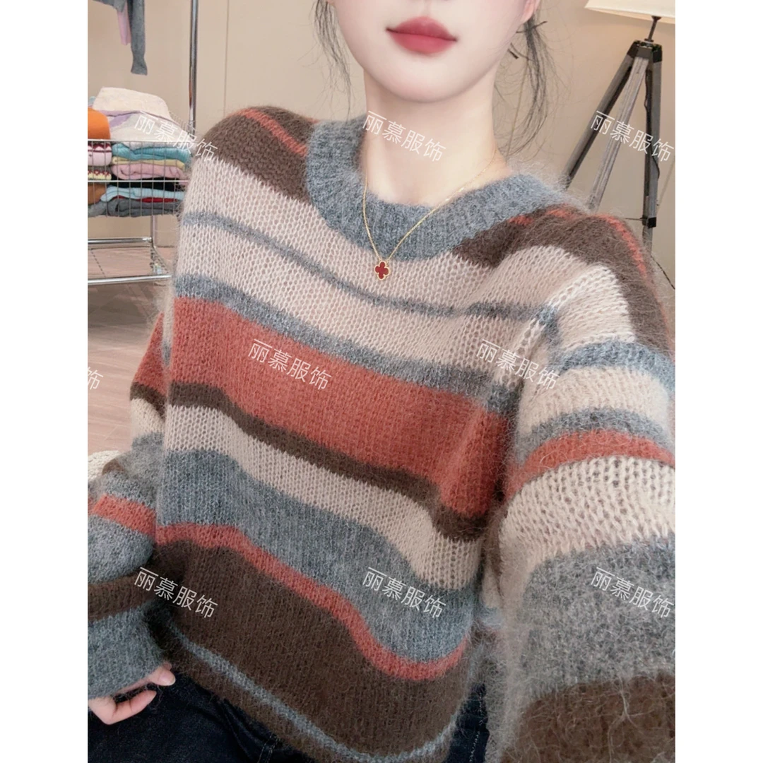 【美拉德色调】慵懒风条纹撞色马海针织套头衫韩版新款2068