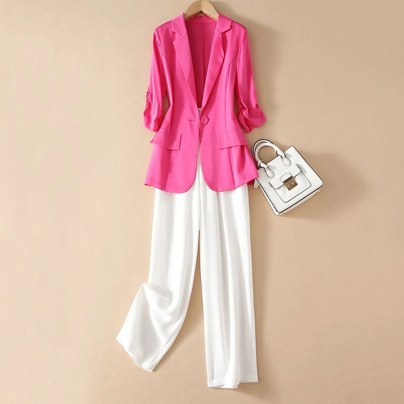 小西装外套女气质高级感春夏新款2025仿真丝醋酸两件套职业套装女