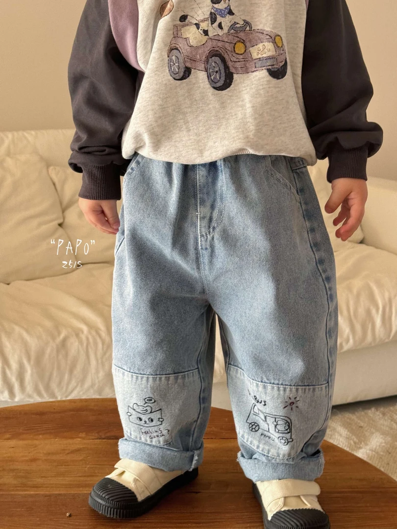 【papo  8025】2025年春款涂鸦卡通男童牛仔裤