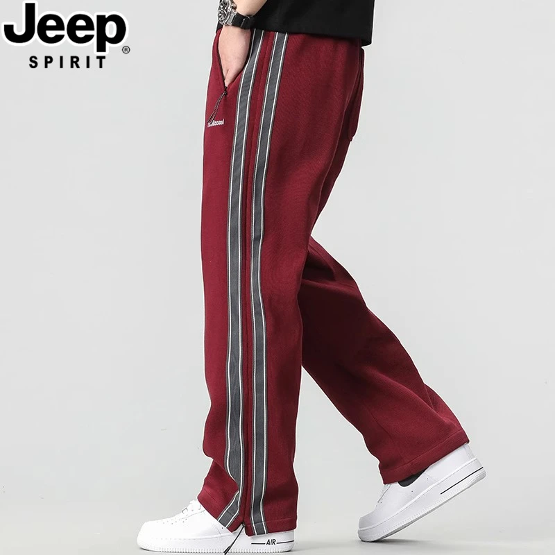 JEEPSPIRIT吉普高级红卫裤男士宽松直筒运动裤拉链口袋条纹休闲裤