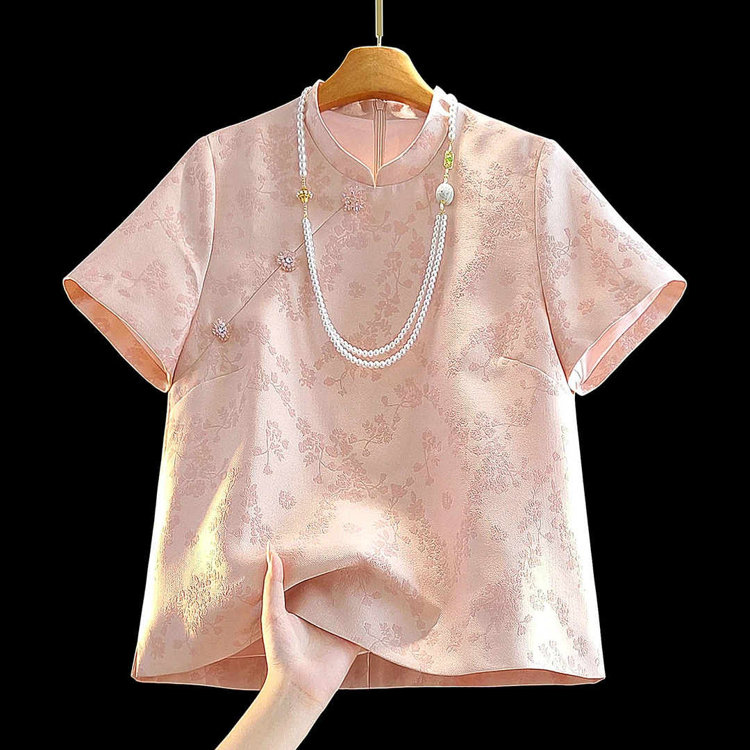 粉色复古立领国风提花上衣女夏季气质减龄改良旗袍新中式短袖衬衫