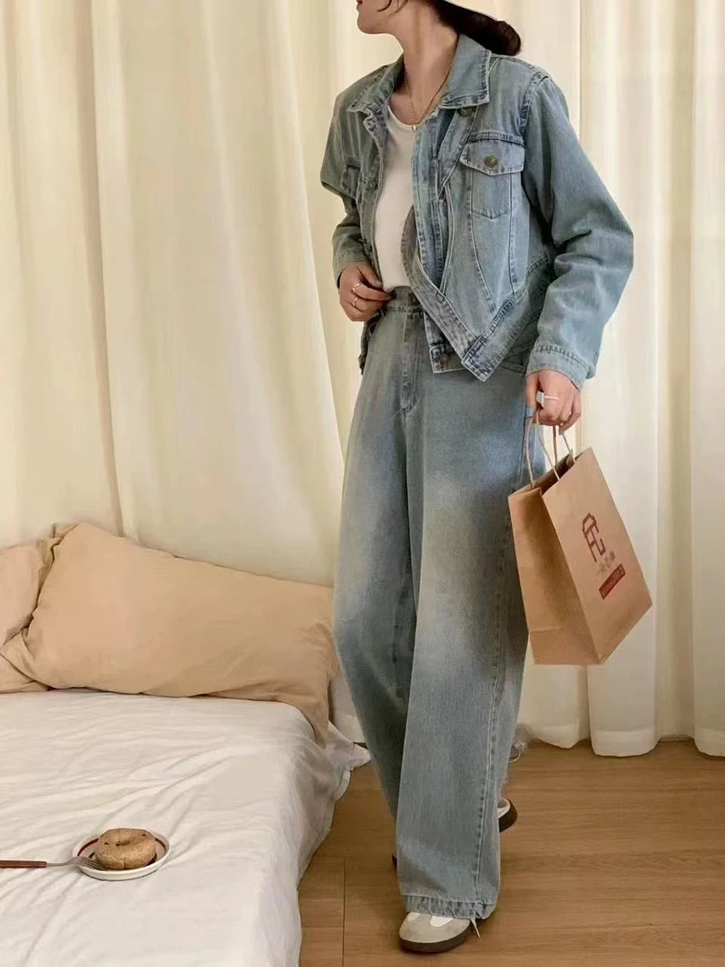 602#时尚设计感牛仔外套牛仔裤两件套【衣长49裤长101】B3-2