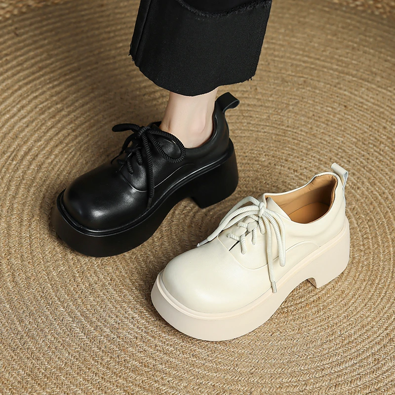 系带深口单鞋2025秋季新款厚底粗跟防水台学生时尚休闲复古女鞋