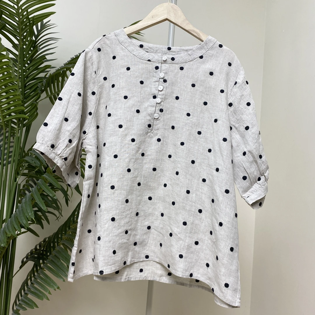 【汉麻半门襟刺绣波点短袖衬衫】4007