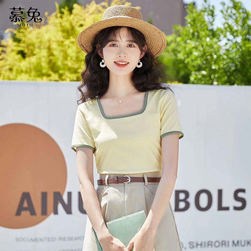 慕兔ins小个子方领甜辣显瘦上衣女2025夏季新款设计感小众短袖t恤