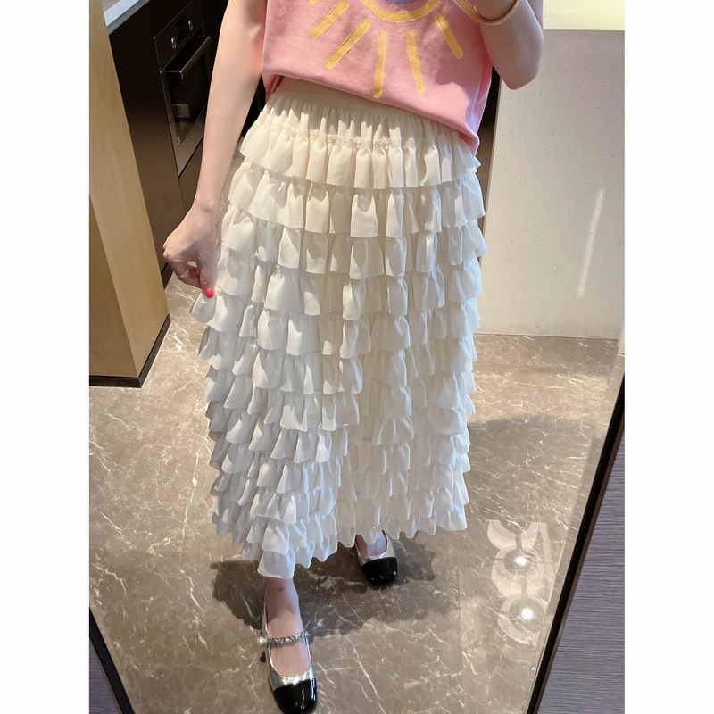 【张静芝】层层木耳雪纺花边松紧腰半身裙