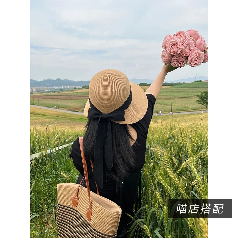 大女主丝带草帽气质防紫外线遮阳帽大帽檐帽子2025户外遮阳风扇帽
