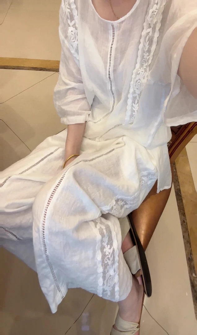 WDD 复愫街 亚麻镂空花边百搭九分裤