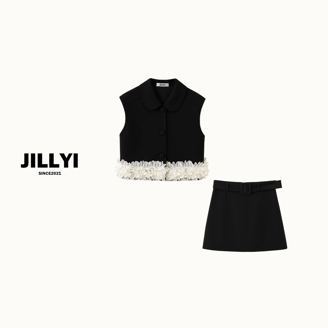 JILLYI南山店【黑巧蛋糕】黑色半开领蕾丝下摆上衣+黑色半身裙时尚