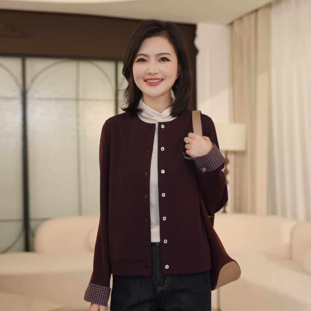 枫竺阿楠anan百搭圆领格纹拼接字母绣花短款外套女秋冬时尚穿搭