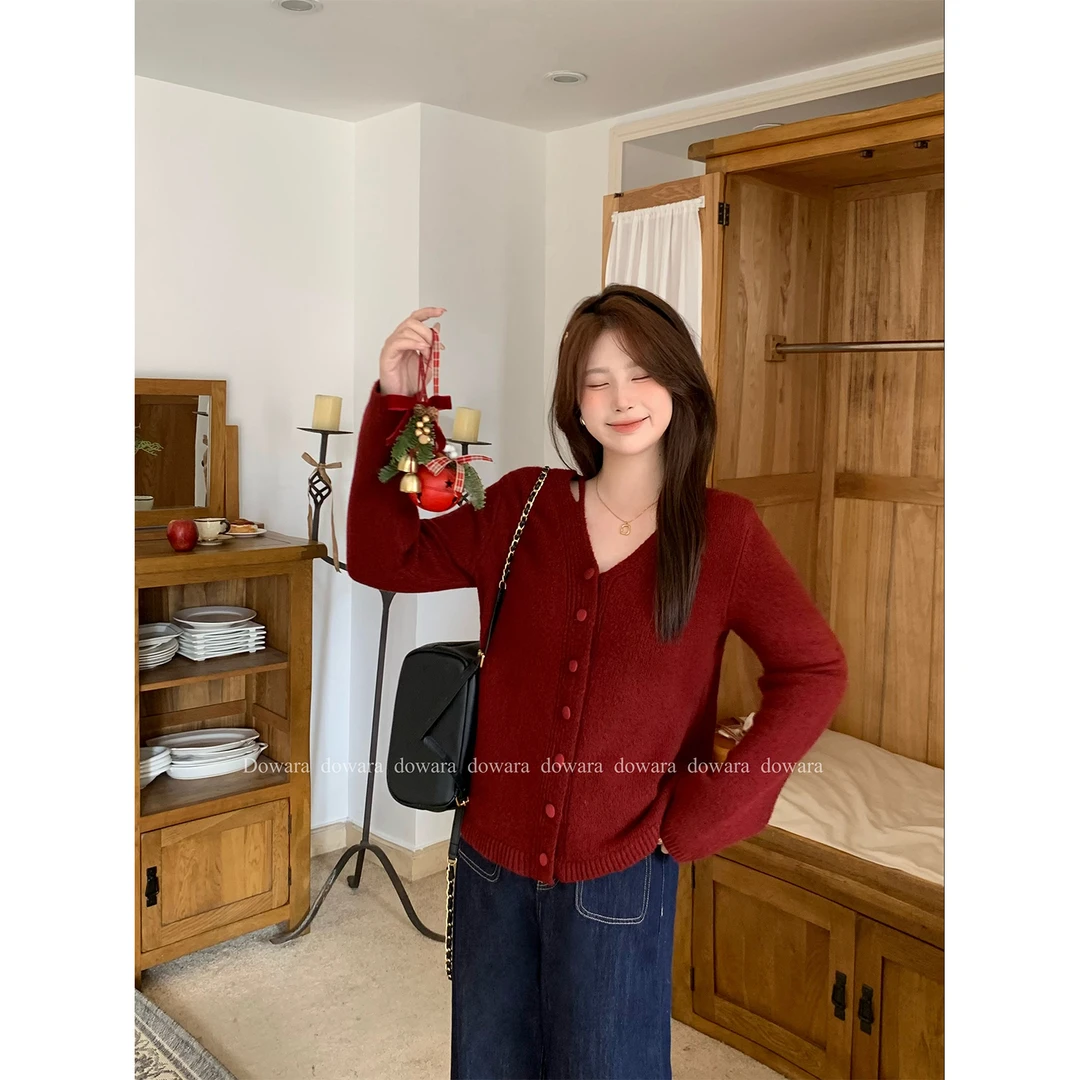 现货大婉酱微胖定制韩系设计感挂脖V领针织衫内搭气质上衣女7555D