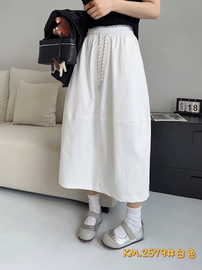 系带高腰半身裙简约纯色显瘦松紧腰中长款休闲百搭灯笼裙