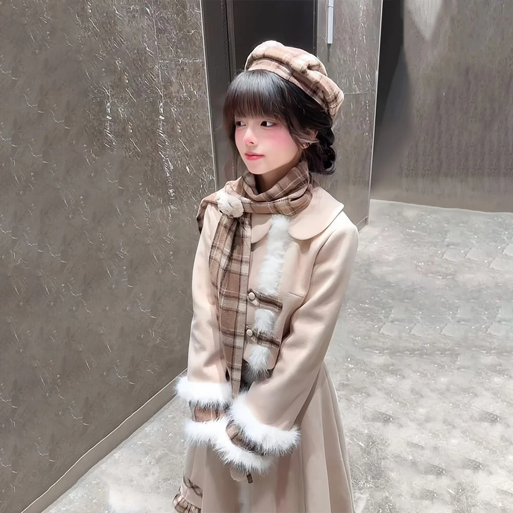 焦糖小熊 2025秋冬氛围感甜美格子拼接毛呢围巾外套长裙三件套装