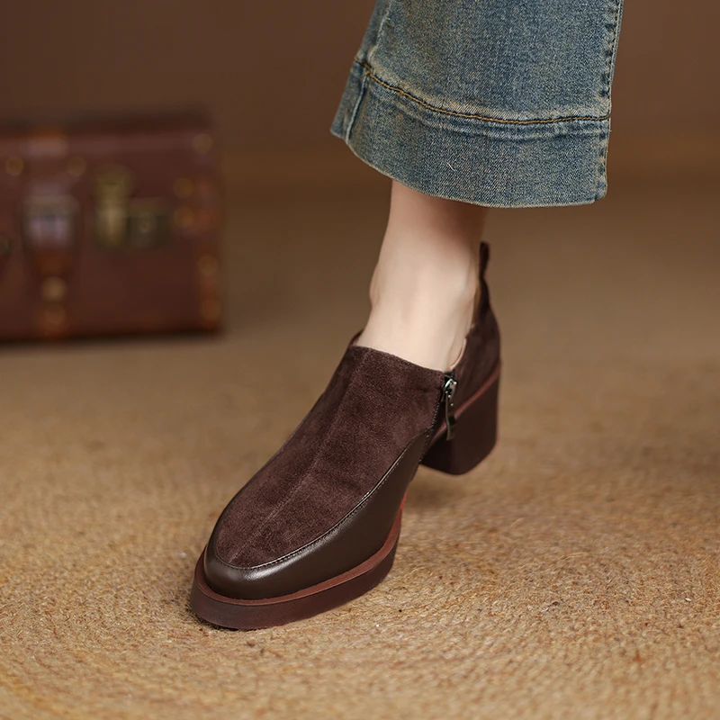 5CM-羊皮磨砂皮深口拉链女单鞋乐福鞋复古女鞋高跟厚底新款通勤鞋