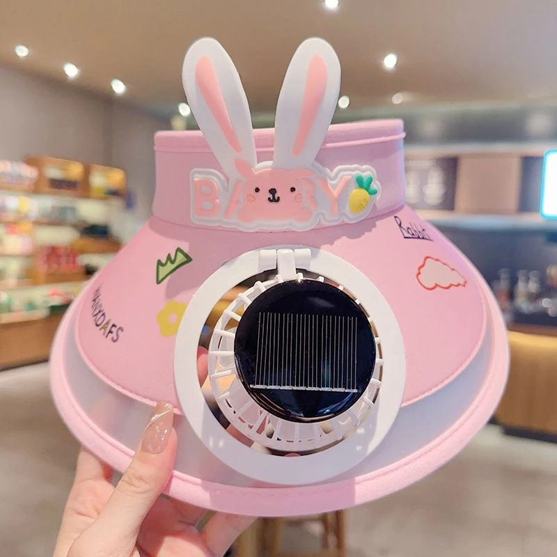 太阳能充电充电两用兔耳朵儿童风扇帽户外大帽檐遮阳可调节