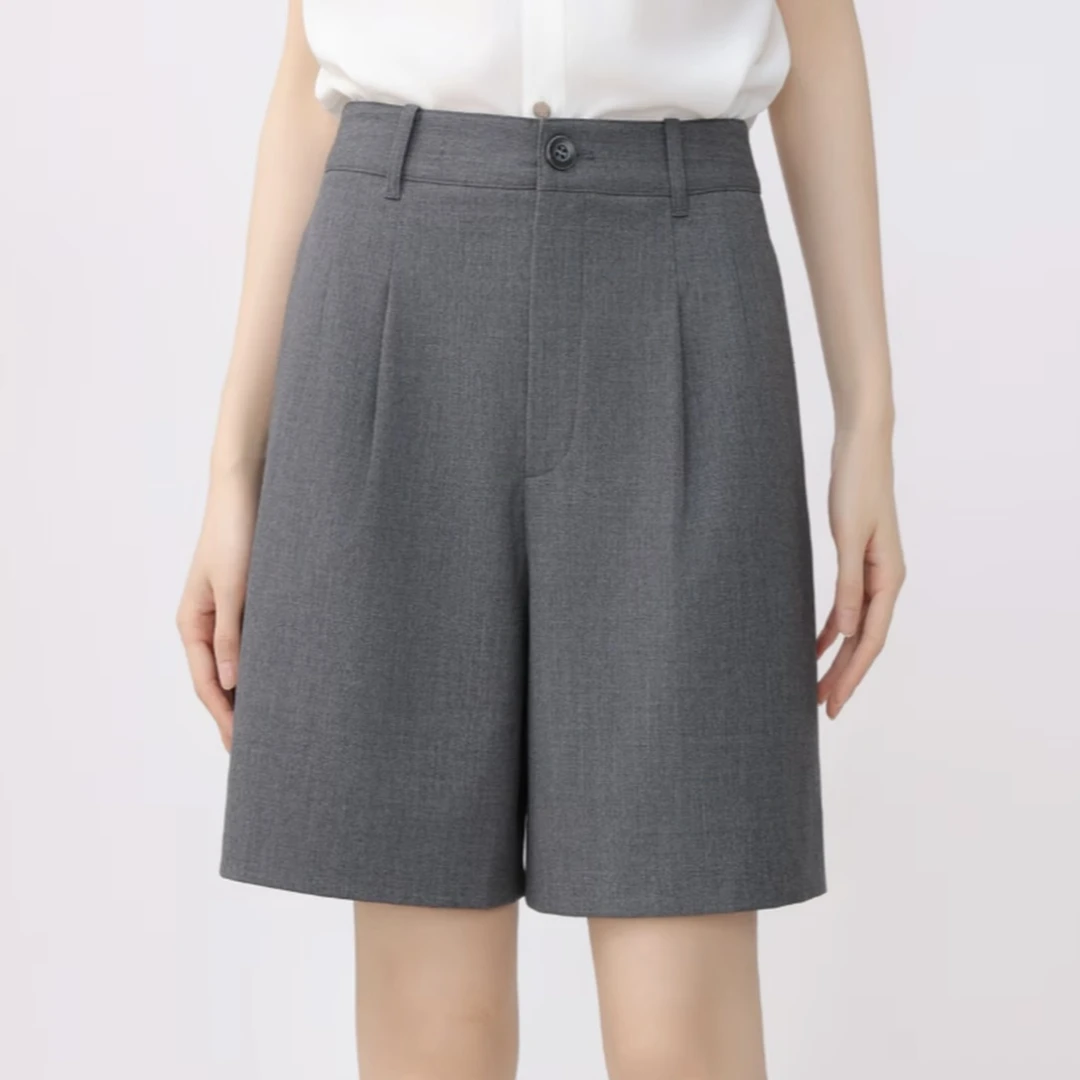 GIRDEAR/哥弟新款高腰简约休闲直筒黑色显瘦西装短裤女士1100539