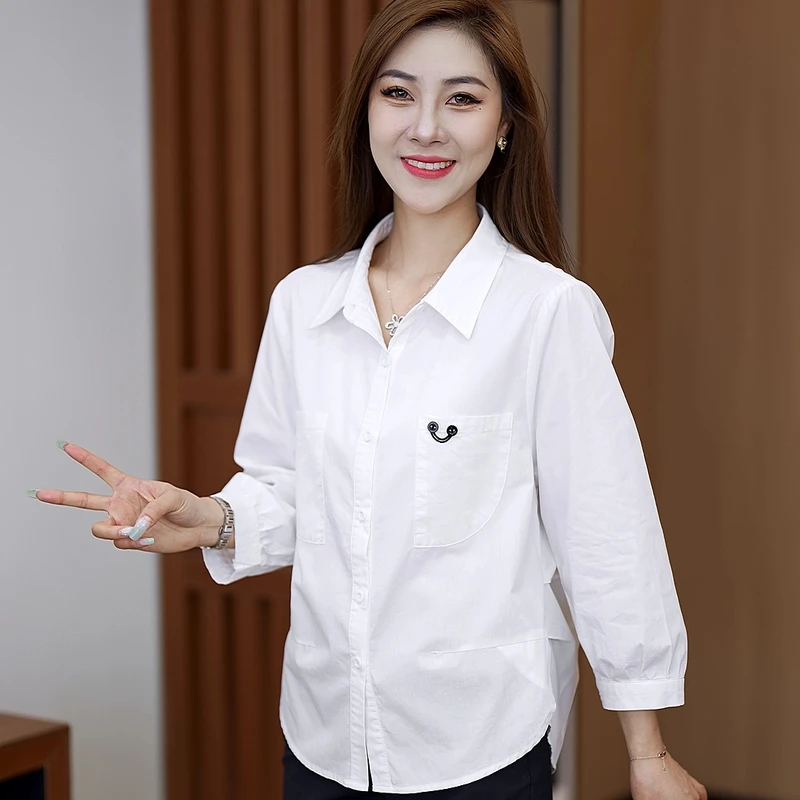 全棉洗水衬衣2024新款时尚洋气宽松显瘦百搭八分袖设计感女士衬衫
