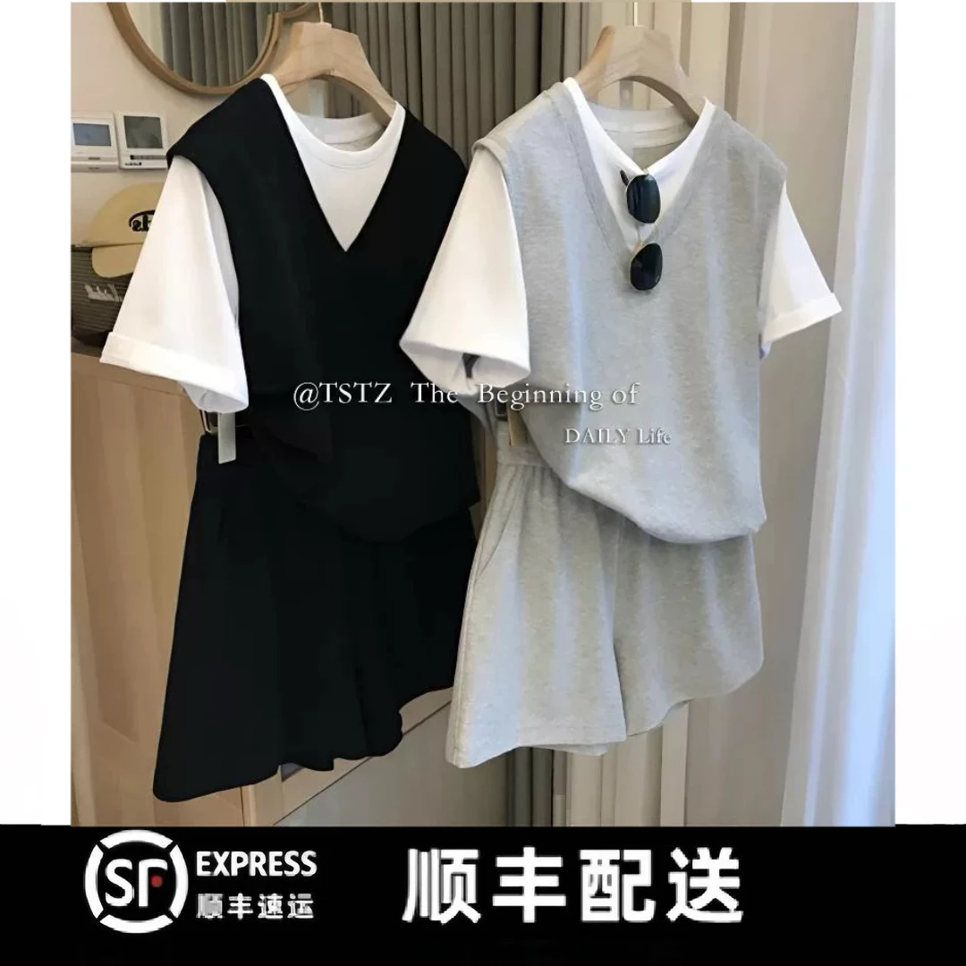 上身很舒适!宽松减龄运动套装女假两件短袖T恤休闲短裤两件套女