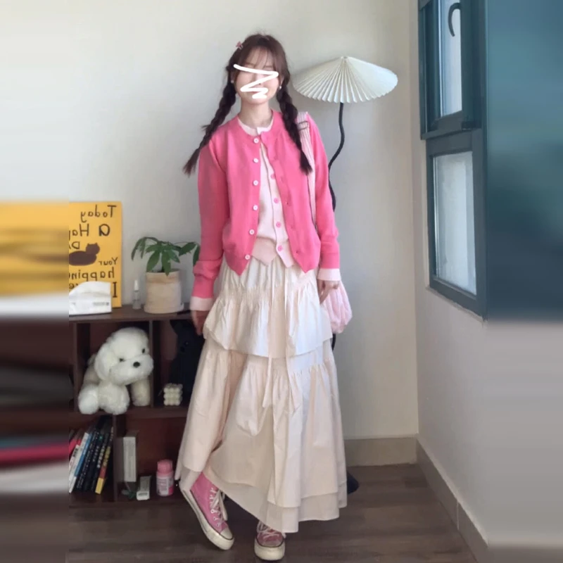 0088小众女装洋气衣服开春爆款2025新款粉色假两件针织开衫小外套