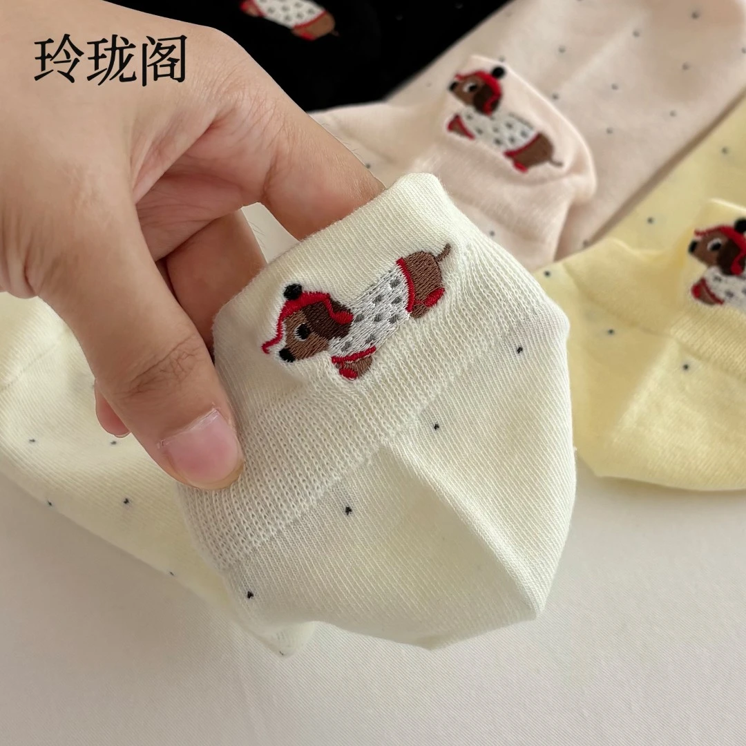 腊肠狗刺绣袜子女款短筒袜秋季波点卡通可爱日系短袜ins浅口棉袜