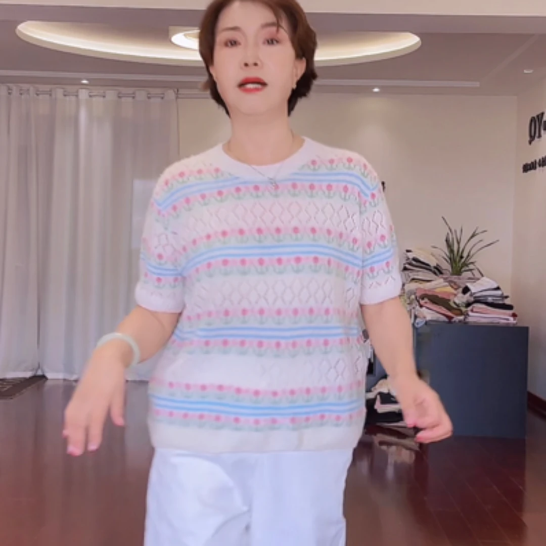 【葛行长定制】轻奢高端女式山羊绒桑蚕丝提花圆领短袖针织衫DJ8200