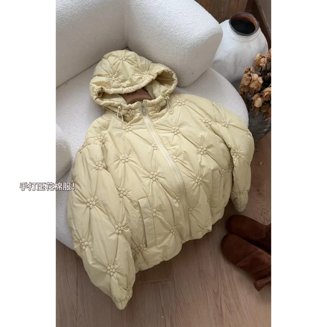 P0738- “轻薄款棉服 ”简韩博主调性提花拉链连帽保暖棉服外套女