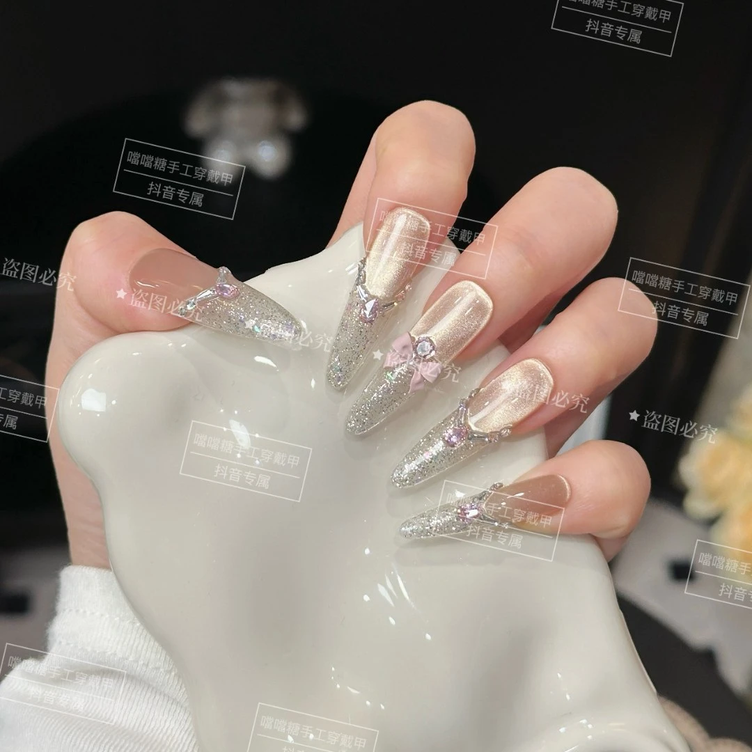 【甜心宝贝】纯手工穿戴甲猫眼美甲贴片可拆卸指甲贴片10片装