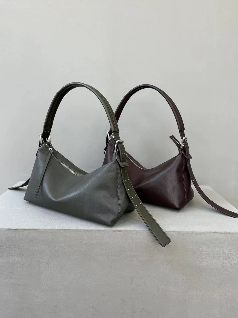 植鞣牛皮hobo腋下包皮带扣法棍包手提托特包饺子包单肩斜挎大包女