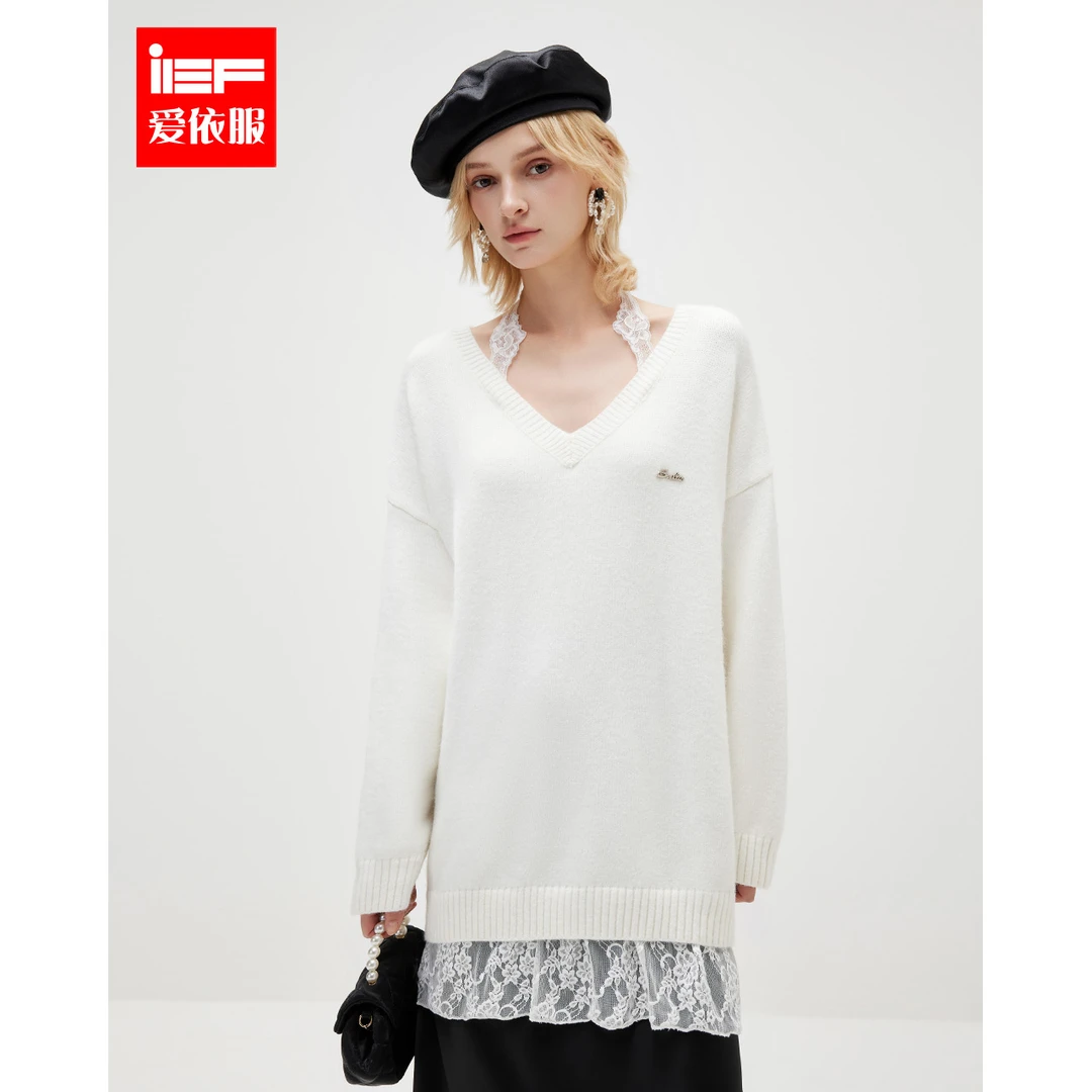 IEF/爱依服2025冬季法式纯欲风蕾丝拼接设计宽松毛织中上衣*